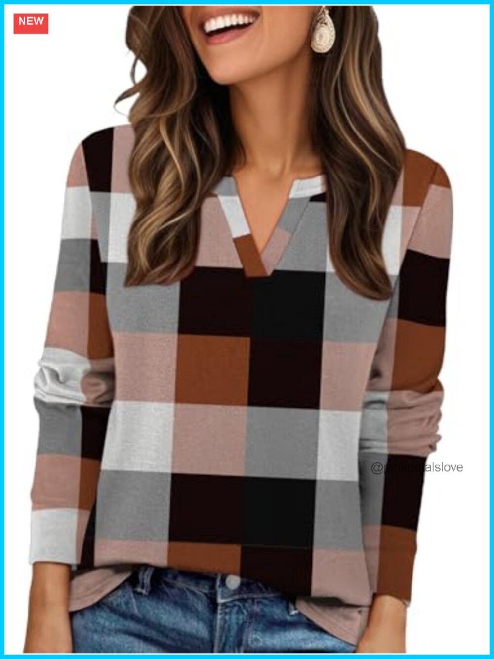 Womens Fleece Plaid V Neck Long Sleeve Pullover Top Casual Fall Winter
